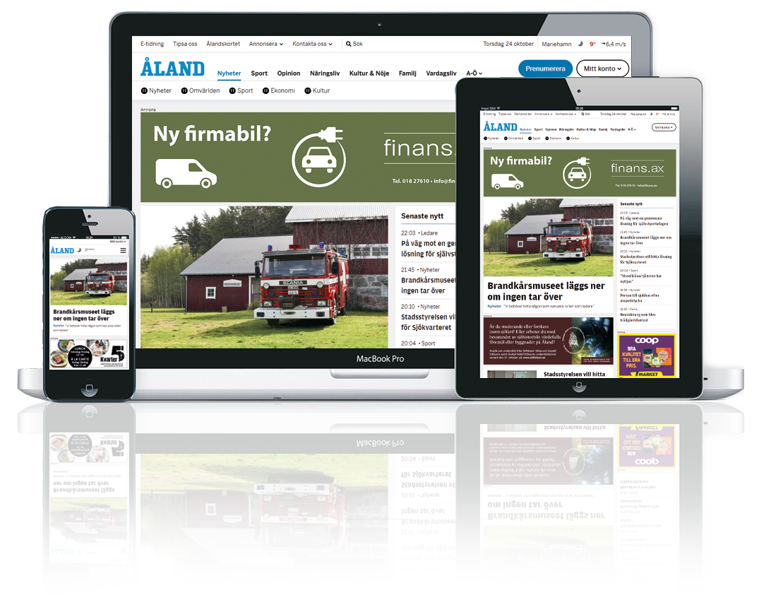 Ålandstidningens hemsida i desktop, tablet och mobil
