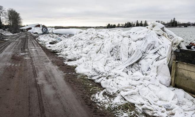 Förbrukad ensilageplast lagras på ett otillåtet sätt på Tomtens Mjölks marker i Saltvik. ÅMHM har nu utdömt vite till bolaget.<@Fotograf>Daniel Eriksson