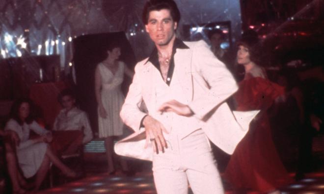 John Travolta i filmen "Saturday night fever" från 1977. Arkivbild.