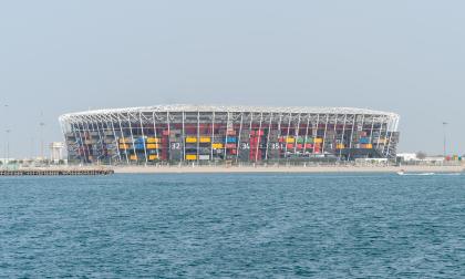 Doha, Qatar- December 12,2021 : view of 974 stadium from sea.stadium build with containers.