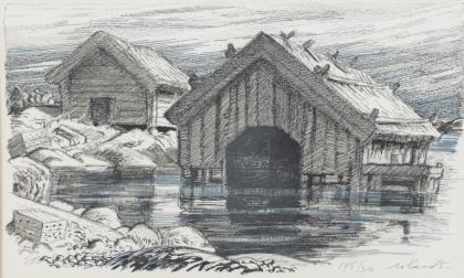Två versioner av ”Åländskt sjöviste”; blandteknik daterad 1962 samt odaterad litografi. Den förra tillhör Anders Wiklöfs samling, Andersudde. 