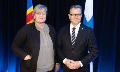 Finland och Åland leder tillsammans arbetet i Nordiska ministerrådet nästa år. På bilden lantrådet Katrin Sjögren och statsminister Petteri Orpo. <@Fotograf>Magnus Fröderberg/Norden.org