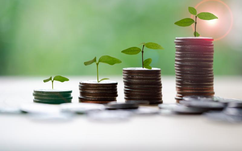 Save money for prepare in the future. Tree growing on coin of stacking coins with green bokeh background, investment concept. Business finance and save money concept.