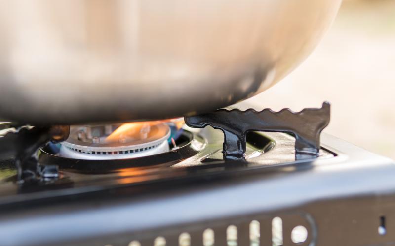 Cooking on camping gas stove.