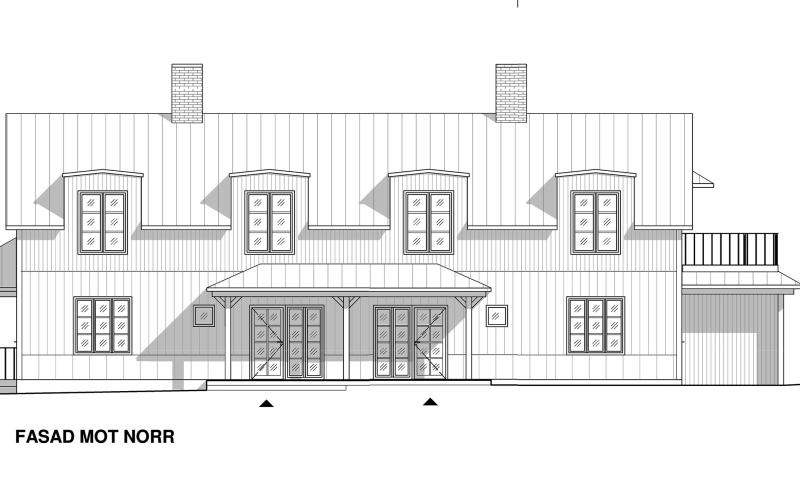 Så här skulle ett nytt hus på Kastelholms kungsgård kunna se ut. Byggnaden skulle rymma 16 övernattningsrum, och fastighetsverket har på sina skisser placerat den nära mangårdsbyggnaden.<@Fotograf>Skiss: Daniel Andersson/Landskapets fastighetsverk