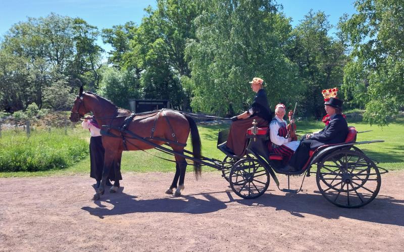 I gammaldags anda färdas paret i droska från kyrkan till festplatsen.<@Fotograf>Oscar Skogberg@Normal_indrag: