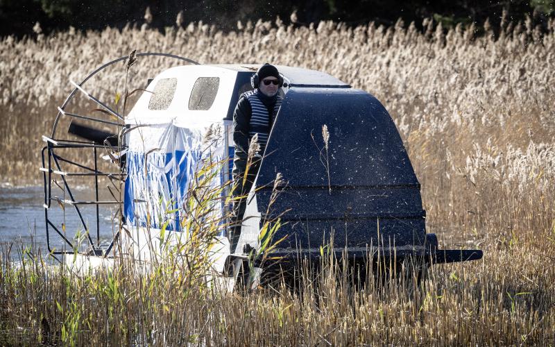 Fredrik Holmén kapar vassen så att cirka tio till 20 centimeter av strået blir kvar ovanför vattenytan. 