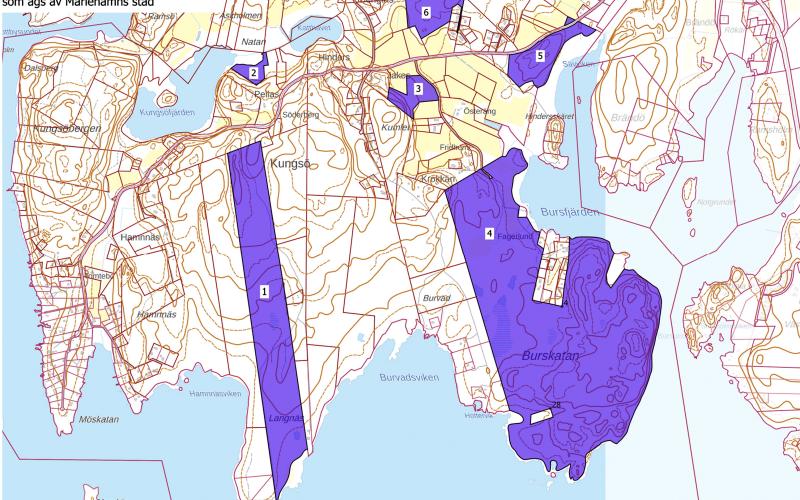 Stadens sex skiften i Kungsö är Langnässkiftet (1), Lilla skiftet vid Kungsöfjärden (2), Hemskiftet (3), Burskatan (4), Sävvikskiftet (5) och Storgärdan (6).@Normal_indrag:<@Fotograf>Illustration: Mariehamns stad