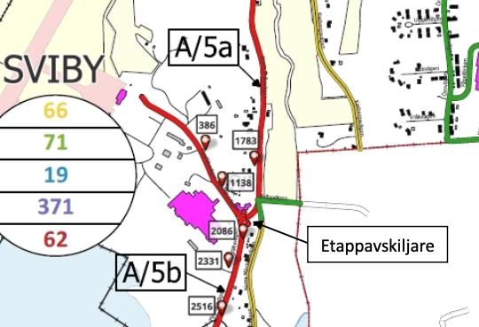 Jomala kommun anhåller hos landskapsregeringen om att förverkliga gång- och cykelvägar från S-market till flygfältet och till Norra Svibyvägens korsning med Kasbergsvägen (de röda sträckorna på kartan).<@Fotograf>Illustration: Jomala kommuns gång- och cykelvägsplan 2024–2034@Normal_indrag: